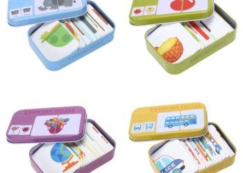 Kids Cognition Puzzles Toys Iron Box Cards Matching Game Cognitive Cards Vehicle Fruit Animal Life Puzzles