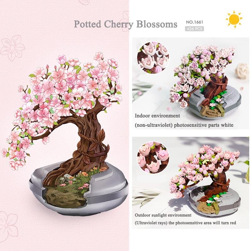 Bouquet Building Blocks Pink Cherry Blossom Plant Model DIY Succulent Potted Flowers Assembled Bricks Girl Gifts Children's Toys