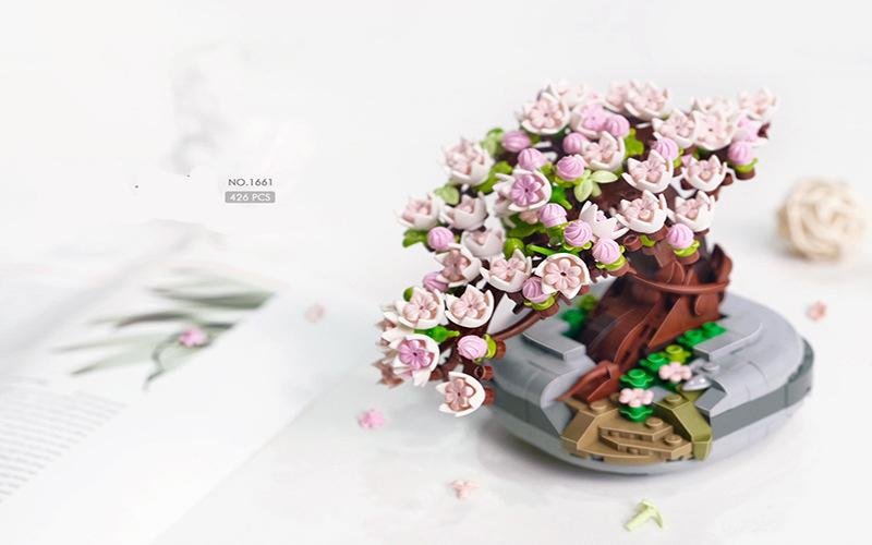 Bouquet Building Blocks Pink Cherry Blossom Plant Model DIY Succulent Potted Flowers Assembled Bricks Girl Gifts Children's Toys