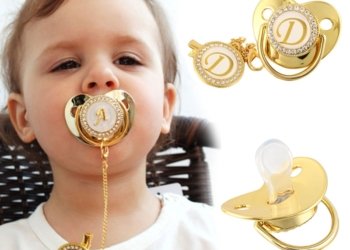 Name Initial Letter Baby Pacifier and Pacifier Clips BPA Free Silicone Infant Nipple Gold Bling Newborn Dummy Soother